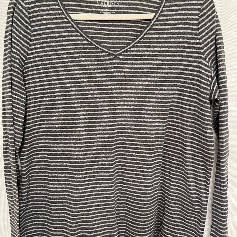 Talbots Gray and Cream Metallic Striped Tee Size 1Xp